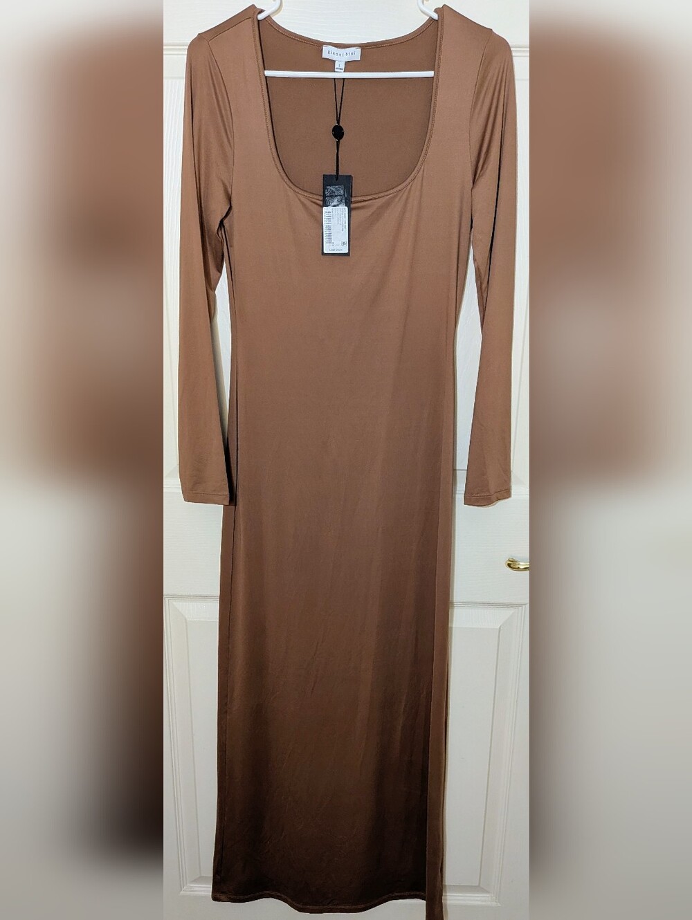 Gianni Bini Scoop Neck Long Sleeve Brown Maxi Dress, Size Large